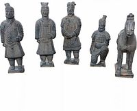 Front view of the five terracotta figurines: four Chinese warriors and one horse, showing their relative sizes and detail.
