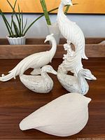 Five white ceramic bird figurines displayed together on wooden surface with plants in background. Includes two tall detailed peacocks, two distressed ducks, and one plain bird shape.