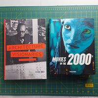 Front covers of both books. Left book titled Architecture Visionaries with black and white photo cover. Right book titled Movies of the 2000s with blue-themed cover art from Avatar film.