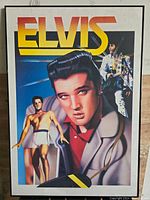 Frontal photo showing the full silk screen painting featuring Elvis Presley in a vibrant MCM style with multiple portraits and figures.