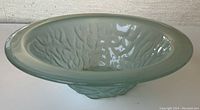 Image of a large frosted aqua glass bowl with textured interior and smooth rim on a neutral surface.