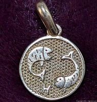 Close up front view of 10K gold pendant with two fish design on textured gold surface and loop bail.