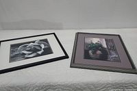 Both framed prints laid on soft white surface; left is Ansel Adams black and white rose print, right is flower pot color print in silver/gold frame.