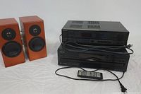 Overview of two cherry veneer speakers, Sony unit and Onkyo CD changer stacked with remote