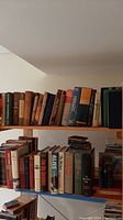 Bookshelves with assorted fiction and non-fiction books showing varying genre and conditions.