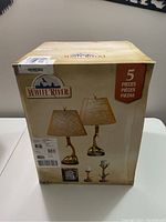 Box of White River 5 piece table lamp and accessories set showing product image and brand.