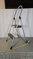 Full view of aluminum step ladder with two black plastic steps and rubber feet on legs.