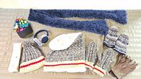 Photo showing the collection of winter accessories including hat, mittens, gloves, fuzzy scarf, ear warmers, and leather gloves