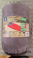 Woods Adventurer Barrel Sleeping Bag in gray storage sack with label showing product details and temperature rating of 0°C.