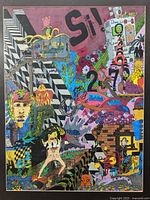 Close-up detail showing vibrant colors, optical illusions, and surreal figures within the artwork