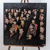 Full view of the square painting on an easel showing a black background with multiple faceless crowd silhouettes in tan, brown and rose.
