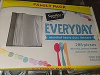 Photo of Signature Select Everyday heavy duty flatware box with 288 assorted pieces including forks, spoons, knives.