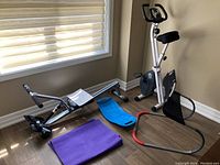 Wide shot showing all five exercise items together: stationary exercise bike, rowing machine, ab cruncher, blue fit board, and purple yoga mat laid out in a corner near window.