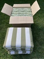 Photo of 6 stacked green and white striped seat cushions in front of an open box with 6 green patterned back cushions inside.