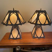 Both lamps illuminated on wooden surface, showing full set and color tone