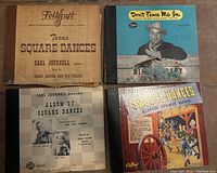 Four vintage vinyl album covers showing square dance and classical music themes, including Folkcraft Texas Square Dances and Bing Crosby's Don't Fence Me In.