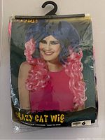 Front packaging photo showing model wearing the curly blue and pink wig, labeled Crazy Cat Wig.