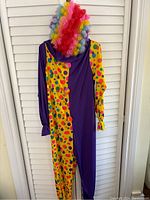 Front view of the adult clown costume on hanger, showing purple and yellow polka-dot split design with hood and elastic cuffs at ankles. Curly rainbow wig is attached to the garment display.