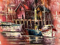 Close-up of the sailing boats docked in front of wooden harbor buildings, showing the detail and color palette of the painting.