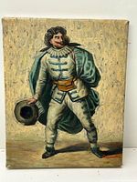 Full view of the oil painting of a man in historical costume holding a hat, signed in the lower right corner