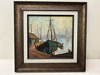 Full view of the framed oil painting depicting a harbor scene with docked boats and a dock.