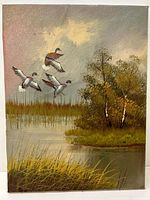 Full view of the painting showing three waterfowl flying over a marsh with grass and birch trees in the background.