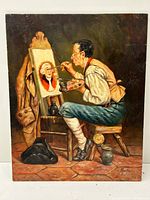 Full view of oil painting showing the seated artist painting a portrait with a black cat on the floor and coat hanging on the easel.