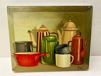 Full front view of oil painting showing kitchenware still life including pots, teapots, mugs, and pitcher