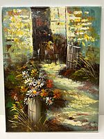 Full view of the oil painting showing detailed composition of daisies in a metal container near a door and sunlit wall.