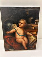 Front view of signed oil on canvas painting featuring a cherub with blue ribbon and books, signed Forsythe.