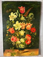 Full view of old oil painting showing flower bouquet in vase
