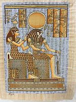 Full view of hand done Egyptian art on papyrus featuring Horus the God of Power and Protection seated beside a female figure with hieroglyphics around.