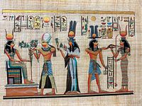 Full view of the large hand-painted ancient Egyptian papyrus art showing all five figures and hieroglyphics with natural papyrus background.
