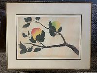 Framed artwork showing a branch with dark green leaves and two fruits, one peach-colored and one greenish pear-shaped