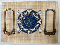 Full view of the signed Egyptian papyrus scroll featuring a central blue circular motif and two vertical panels with hieroglyphs and Egyptian figures.