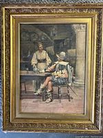 Full view of framed watercolor painting depicting a seated man and standing woman in an interior with detailed background and ornate gold frame.