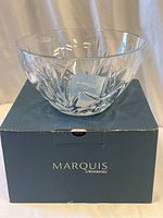 Flared Waterford crystal bowl with etched cuts, placed on original Waterford Marquis box with sticker visible