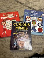 Photo showing three children's books: one French emotions book, one English facts book, one kids drawing book.