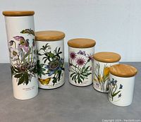 Front view of all five vintage ceramic canisters with botanical prints and wooden lids, showing varied heights and flower illustrations.
