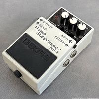 Angle view of the Boss NS-2 Noise Suppressor pedal showing top controls and jacks.