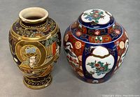 Front view of the vintage Japanese ginger jar and Satsuma vase showing painted figure on vase and intricate detail on jar.