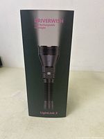 Photo of the Driverwish LightLink 2 LED rechargeable flashlight box showing the full flashlight image and branding.