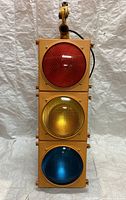 Front view of traffic signal showing three lenses (red, yellow, green) in vertical housing
