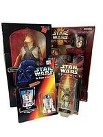 Four Star Wars Episode 1 action figures brand new in box including Jar Jar Binks, Queen Amidala, Watto with talking datapad, and R2-D2 by Tonka.