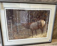 Photo of the entire framed print showing the elk and forest scene with signature and numbering on the bottom left and right of the print.