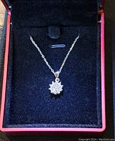 Moissanite pendant necklace displayed in black velvet lined box with red edges, showing the pendant design and chain attachment.