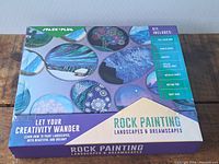 Rock painting kit box showing design with painted rock images and listing contents.