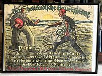 Full front view of framed 1914 German WWI propaganda poster showing the art and text.