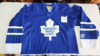 Front view of the Toronto Maple Leafs blue hockey jersey with chest logo, sleeves, and collar.