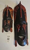Photo showing two wooden African tribal masks from Kenya, one larger and one smaller with painted geometric patterns, displayed side by side.